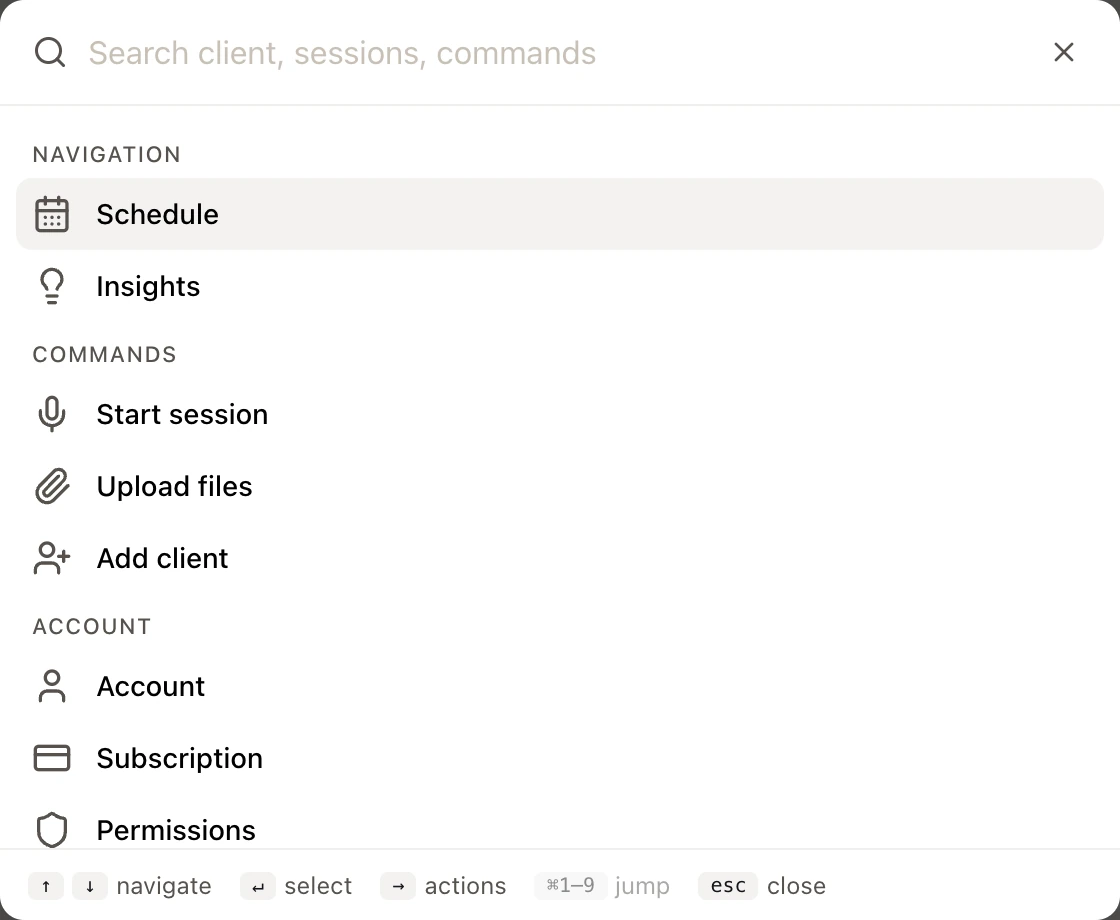 Command palette. Sessio interface · All data is fictional