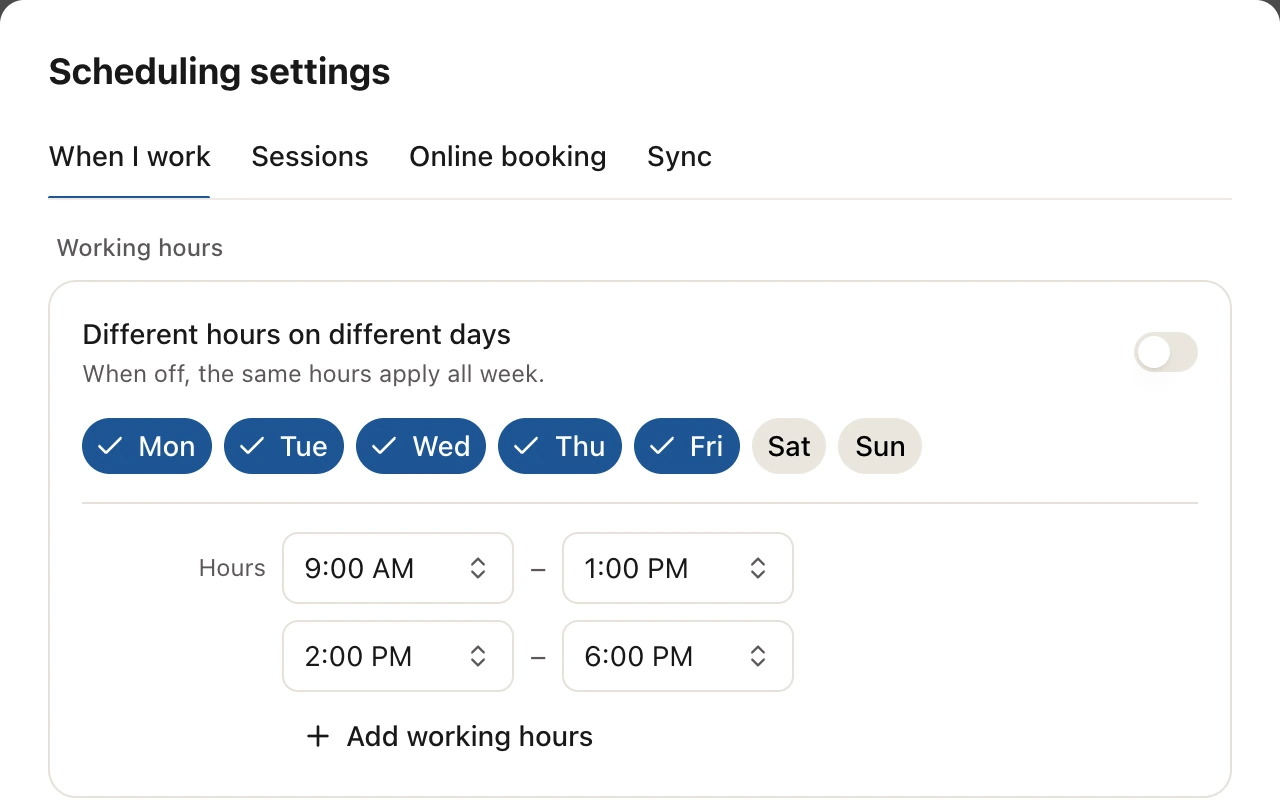 Working hours. Sessio interface · All data is fictional