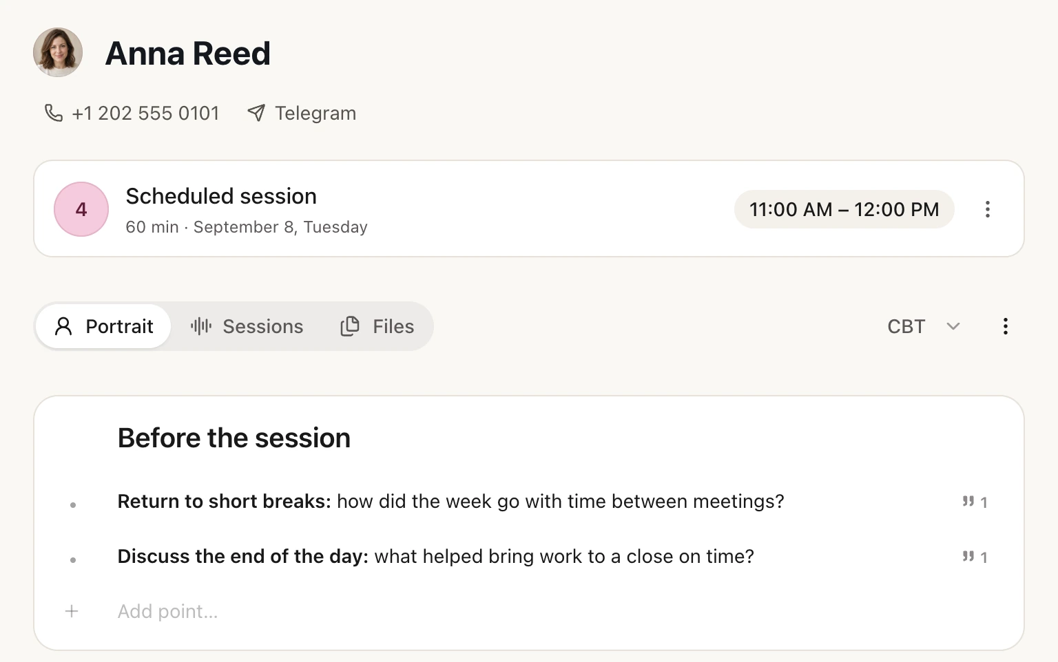 Context before a session. Sessio interface · All data is fictional